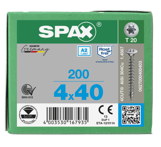 SPAX Linsensenkkopf T-STAR plus 4CUT Vollgewinde Edelstahl rostfrei A2 1.4567 -  4x40 - 200 Stk