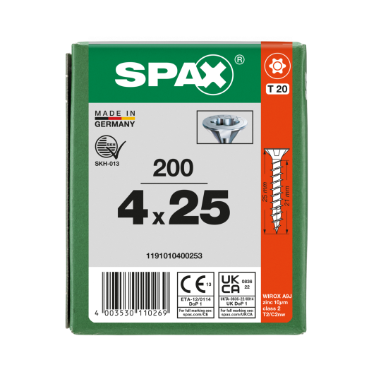 SPAX Senkkopf T-STAR plus - Vollgewinde WIROX A3J  T20  -  4x25  -  200 Stk