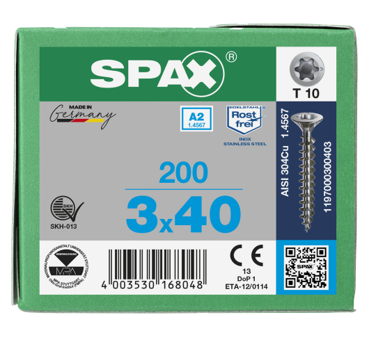 SPAX Senkkopf T-STAR plus - Vollgewinde Edelstahl rostfrei A2 1.4567      T10  -  3x40  -  200 Stk