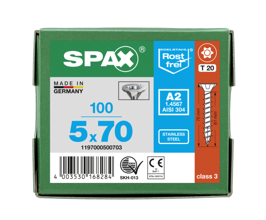 SPAX Senkkopf T-STAR plus - Vollgewinde Edelstahl rostfrei A2 1.4567      T20  -  5x70  -  100 Stk