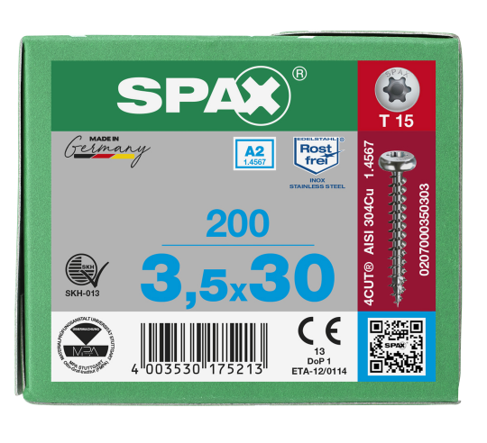 SPAX Halbrundkopf T-STAR plus 4CUT Vollgewinde Edelstahl rostfrei A2 1.4567        3,5x30 - 200 Stk