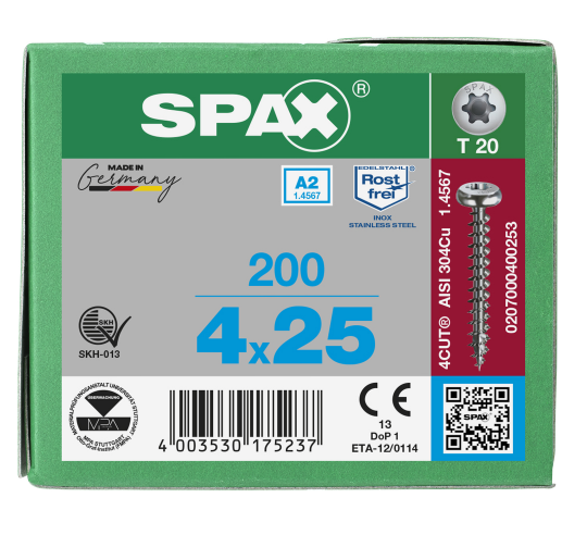 SPAX Halbrundkopf T-STAR plus 4CUT Vollgewinde Edelstahl rostfrei A2 1.4567 - 4x25 - 200 Stk