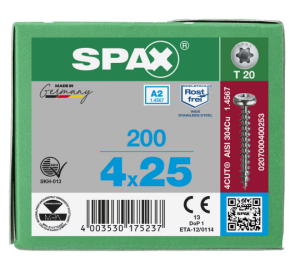 SPAX Halbrundkopf T-STAR plus 4CUT Vollgewinde Edelstahl rostfrei A2 1.4567 - 4x25 - 200 Stk