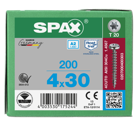 SPAX Halbrundkopf T-STAR plus 4CUT Vollgewinde Edelstahl rostfrei A2 1.4567        4x30 - 200 Stk