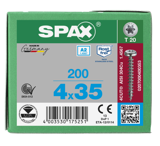 SPAX Halbrundkopf T-STAR plus 4CUT Vollgewinde Edelstahl rostfrei A2 1.4567        4x35 - 200 Stk