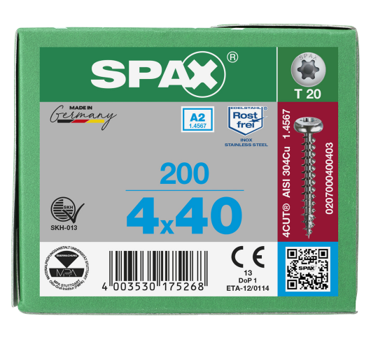 SPAX Halbrundkopf T-STAR plus 4CUT Vollgewinde Edelstahl rostfrei A2 1.4567        4x40 - 200 Stk