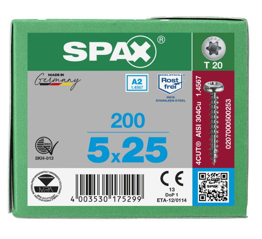 SPAX Halbrundkopf T-STAR plus 4CUT Vollgewinde Edelstahl A2 1.4567        5x25 - 200 Stk