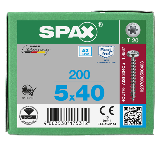 SPAX Halbrundkopf T-STAR plus 4CUT Vollgewinde Edelstahl rostfrei A2 1.4567        5x40 - 200 Stk