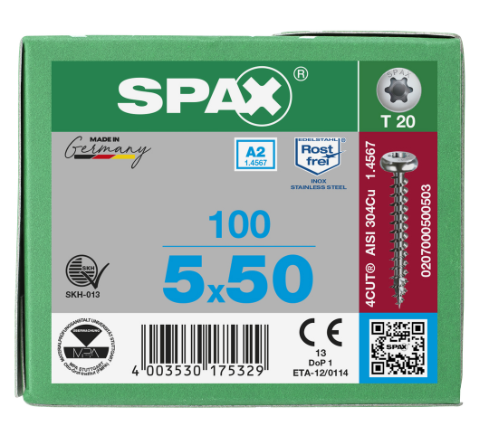 SPAX Halbrundkopf T-STAR plus 4CUT Vollgewinde Edelstahl A2 1.4567        5x50 - 100 Stk