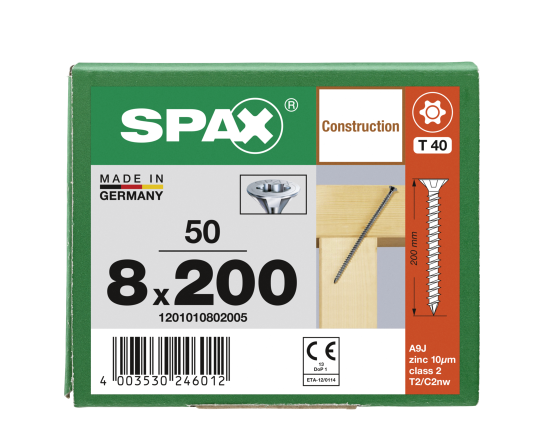 SPAX Senkkopf 8 mm T-STAR plus - Vollgewinde WIROX A3J  T40  -  8x200  -  50 Stk