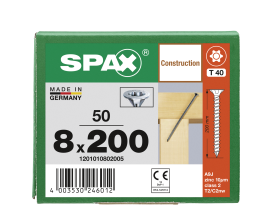 SPAX Senkkopf 8 mm T-STAR plus - Vollgewinde WIROX A3J  T40  -  8x200  -  50 Stk