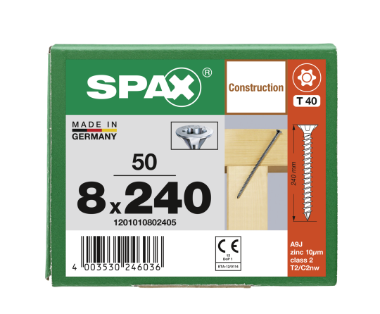 SPAX Senkkopf 8 mm T-STAR plus - Vollgewinde WIROX A3J  T40  -  8x240  -  50 Stk