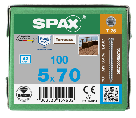 SPAX Terrassenschraube T-STAR plus CUT Fixiergewinde Edelstahl rostfrei  A2 1.4567  5x70 - 100 Stk