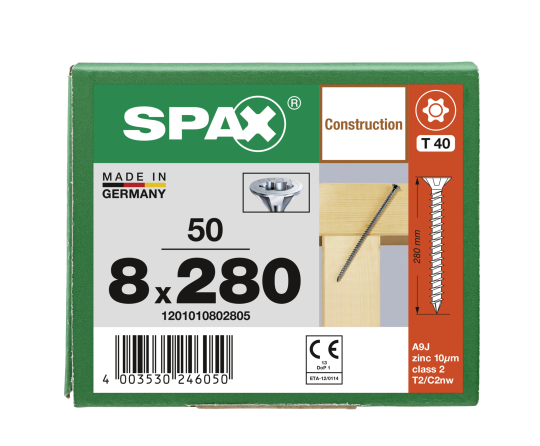 SPAX Senkkopf 8 mm T-STAR plus - Vollgewinde WIROX A3J  T40  -  8x280  -  50 Stk