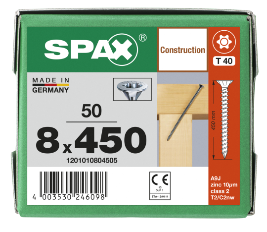 SPAX Senkkopf 8 mm T-STAR plus - Vollgewinde WIROX A3J  T40  -  8x450  -  50 Stk