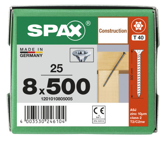 SPAX Senkkopf 8 mm T-STAR plus - Vollgewinde WIROX A3J  T40  -  8x500  -  25 Stk