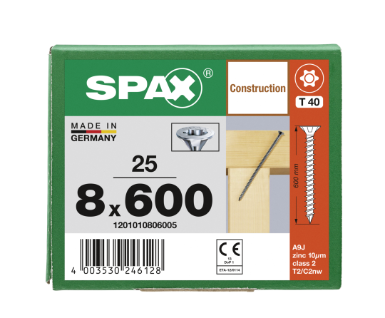 SPAX Senkkopf 8 mm T-STAR plus - Vollgewinde WIROX A3J  T40  -  8x600  -  25 Stk