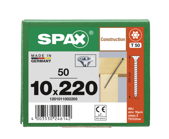 SPAX Senkkopf 10 mm T-STAR plus - Vollgewinde WIROX A3J  T50  -  10x220  -  50 Stk