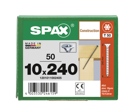 SPAX Senkkopf 10 mm T-STAR plus - Vollgewinde WIROX A3J  T50  -  10x240  -  50 Stk