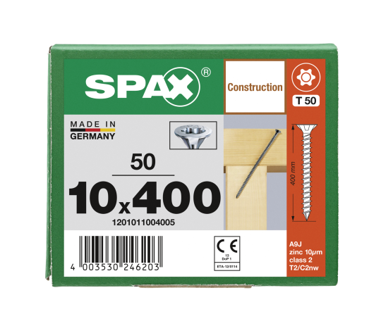 SPAX Senkkopf 10 mm T-STAR plus - Vollgewinde WIROX A3J  T50  -  10x400  -  50 Stk