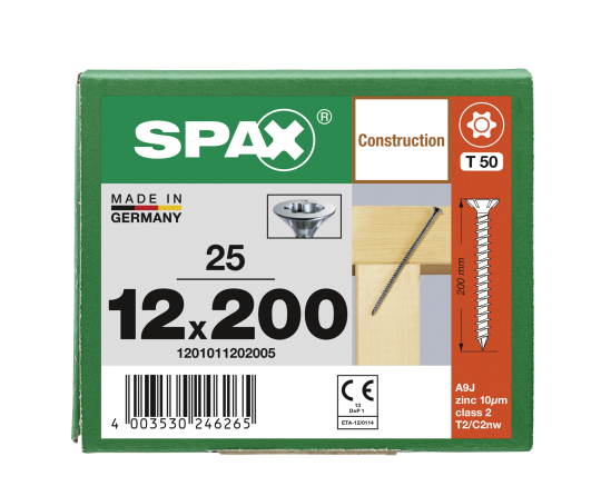 SPAX Senkkopf 12 mm T-STAR plus - Vollgewinde WIROX A3J  T50  -  12x200  -  25 Stk
