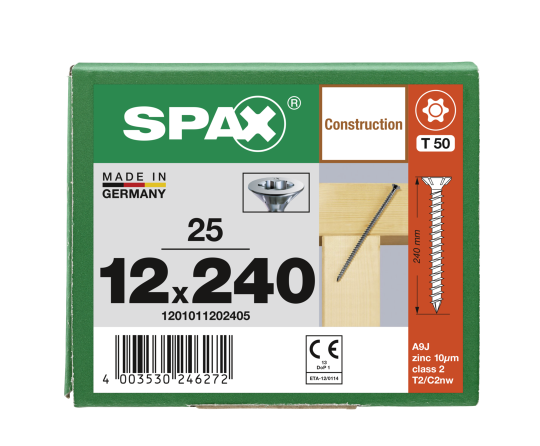 SPAX Senkkopf 12 mm T-STAR plus - Vollgewinde WIROX A3J  T50  -  12x240  -  25 Stk