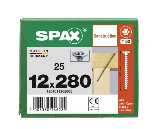 SPAX Senkkopf 12 mm T-STAR plus - Vollgewinde WIROX A3J  T50  -  12x280  -  25 Stk