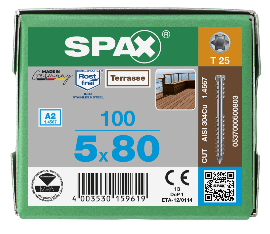 SPAX Terrassenschraube T-STAR plus CUT Fixiergewinde Edelstahl rostfrei  A2 1.4567  5x80 - 100 Stk
