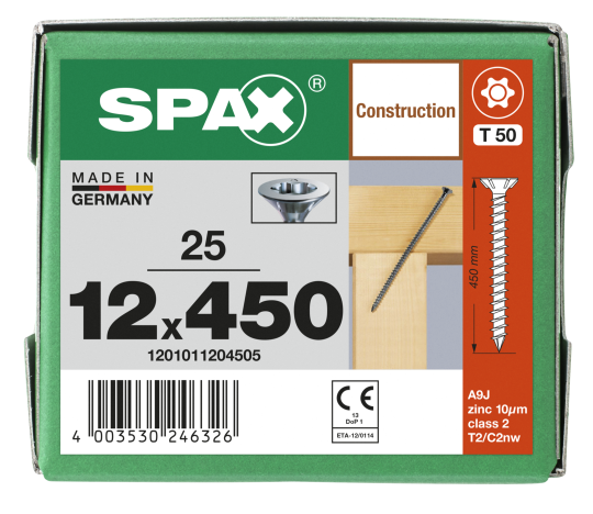 SPAX Senkkopf 12 mm T-STAR plus - Vollgewinde WIROX A3J  T50  -  12x450  -  25 Stk