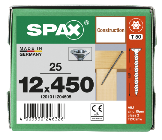 SPAX Senkkopf 12 mm T-STAR plus - Vollgewinde WIROX A3J  T50  -  12x450  -  25 Stk