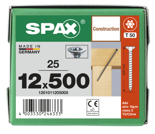 SPAX Senkkopf 12 mm T-STAR plus - Vollgewinde WIROX A3J  T50  -  12x500  -  25 Stk