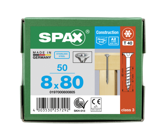 SPAX Universalschraube Senkkopf T-STAR plus Edelstahl rostfrei A2 8x80 Teilgewinde 50 Stk