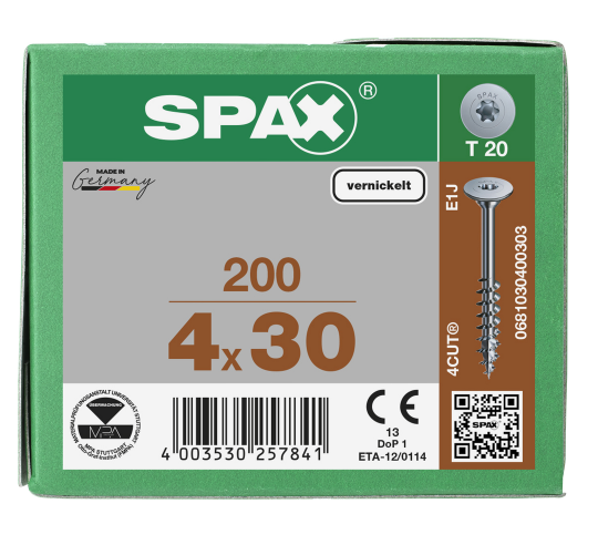 SPAX Korpusschraube Rückwandkopf, T-STAR plus, Vernickelt 4,0 x 30mm - 200 Stk