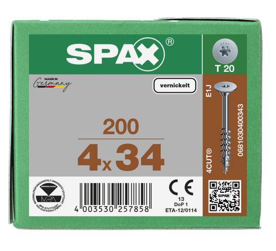 SPAX Korpusschraube, Rückwandkopf, T-STAR plus, Vernickelt 4,0 x 34mm - 200 Stk