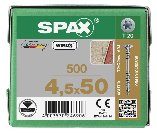 SPAX Verlegeschraube Senkkopf, T-STAR plus Fixiergewinde WIROX A3J  T20  -  4,5x50  -  500 Stk