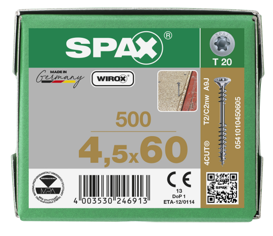 SPAX Verlegeschraube Senkkopf T-STAR plus  Fixiergewinde WIROX A3J  T20  -  4,5x60  -  500 Stk