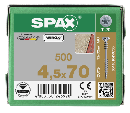 SPAX Verlegeschraube Senkkopf, T-STAR plus 4CUT, Fixiergewinde WIROX A3J  T20  -  4,5x70  -  500 Stk
