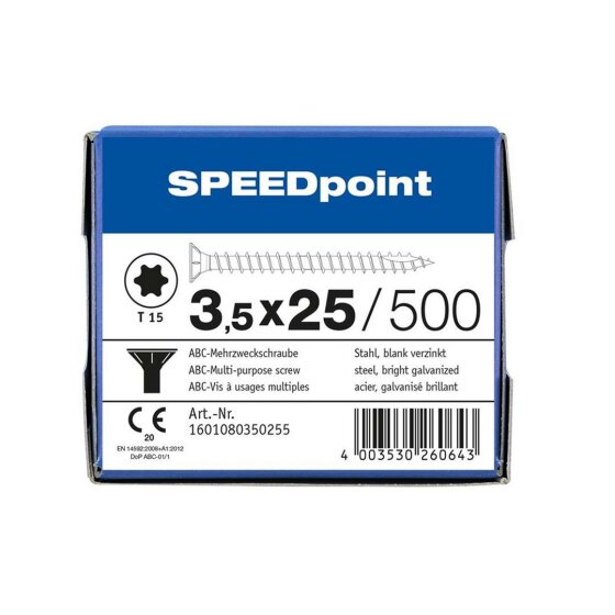 SPEEDpoint Universalschraube Senkkopf T15 Vollgewinde  blank verzinkt 500ST - 3,5 x 25