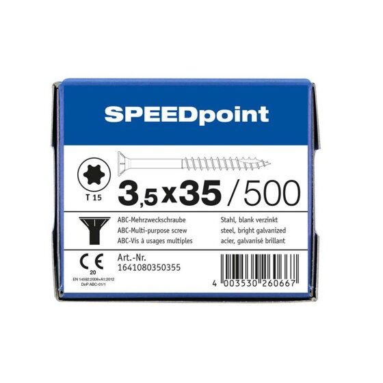 SPEEDpoint Universalschraube Senkkopf T15 Teilgewinde  blank verzinkt 500ST - 3,5 x 35