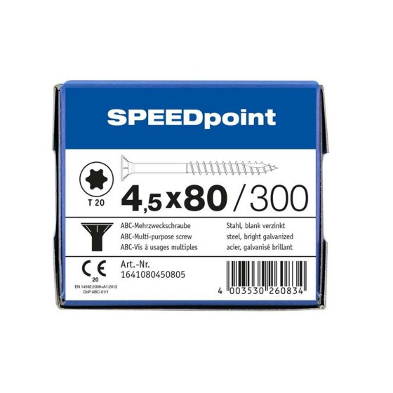SPEEDpoint Universalschraube Senkkopf T20 Teilgewinde  blank verzinkt 300ST - 4,5 x 80