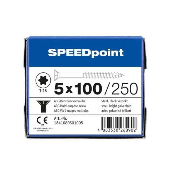 SPEEDpoint Universalschraube Senkkopf T25 Teilgewinde  blank verzinkt 250ST - 5 x 100