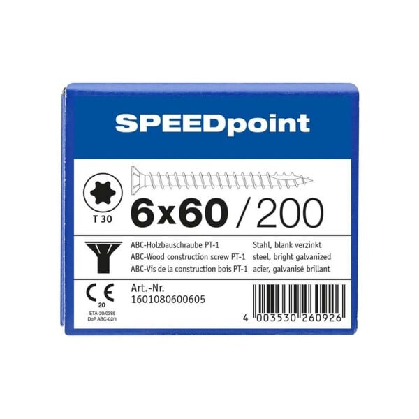 SPEEDpoint Universalschraube Senkkopf T30 Vollgewinde  blank verzinkt 200ST - 6 x 60