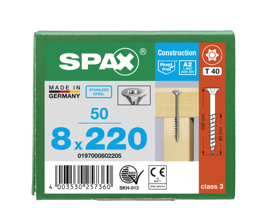 SPAX Universalschraube Senkkopf T-STAR plus Edelstahl rostfrei A2 8x220 Teilgewinde 50 Stk