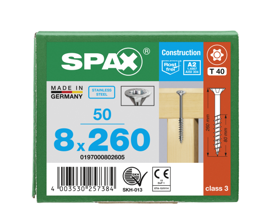 SPAX Universalschraube Senkkopf T-STAR plus Edelstahl rostfrei A2 8x260 Teilgewinde 50 Stk