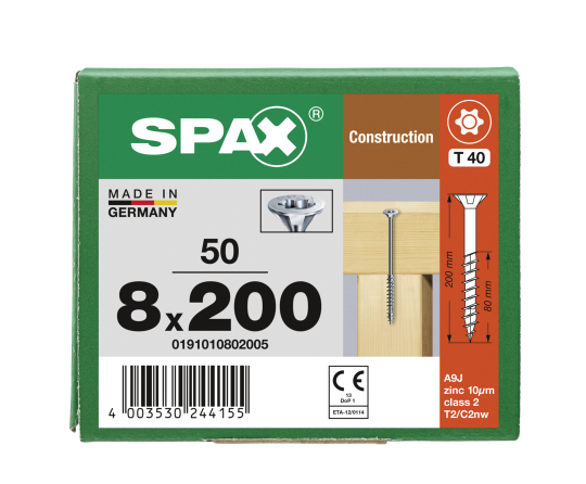 SPAX Senkkopf 8 mm T-STAR plus - Teilgewinde WIROX A3J  T40  -  8x200  -  50 Stk