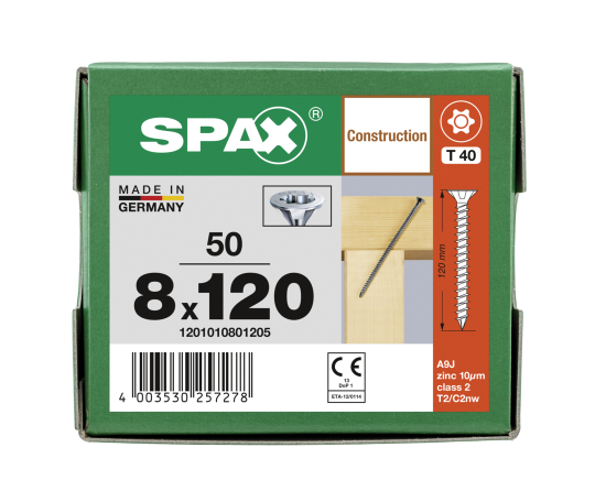 SPAX Senkkopf 8 mm T-STAR plus - Vollgewinde WIROX A3J  T50  -  8 x 120  -  50 Stk