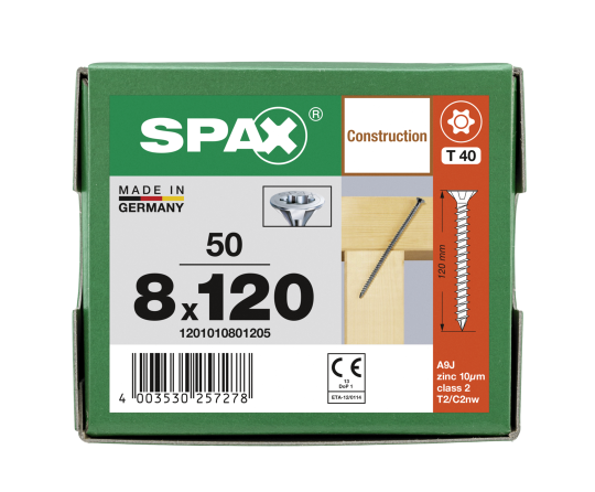 SPAX Senkkopf 8 mm T-STAR plus - Vollgewinde WIROX A3J  T50  -  8 x 120  -  50 Stk