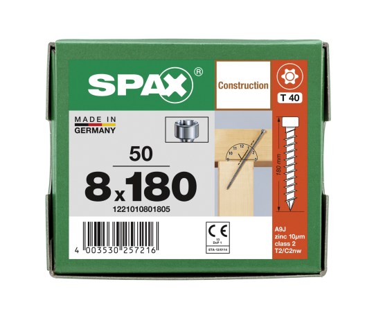 SPAX ZYLINDERKOPF T-STAR PLUS T40  VG TX40 8 x 180 WIROX  50 Stk