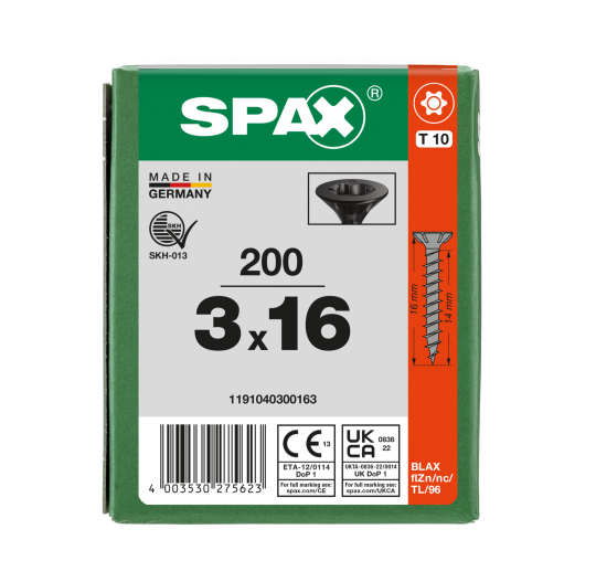 SPAX-S Senkmultikopf T-STAR PLUS T10 Vollgewinde schwarz verzinkt - 200 Stk - 3 x 16