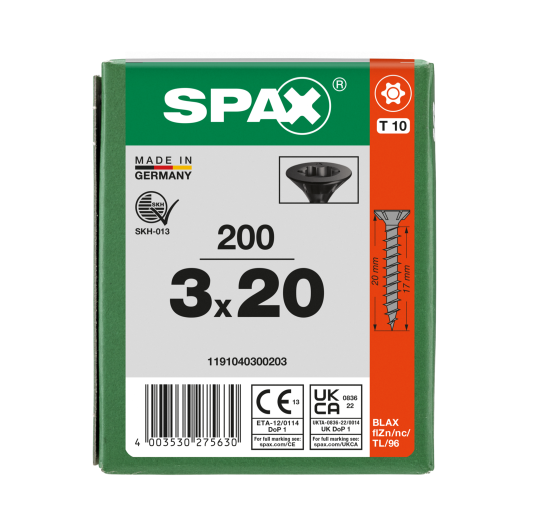 SPAX-S Senkmultikopf T-STAR PLUS T10 Vollgewinde schwarz verzinkt - 200 Stk - 3 x 20